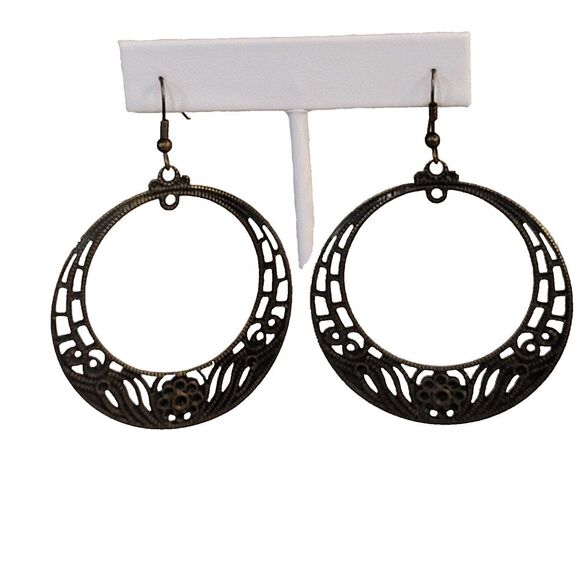 Floral Hoop Pierced Earrings Round Copper Tone Vintage like 2 inch drop - Picture 4 of 9